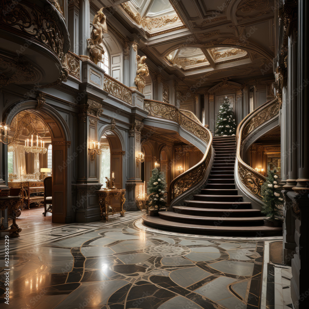 Capture a realistic elegant mansion grand stairca
