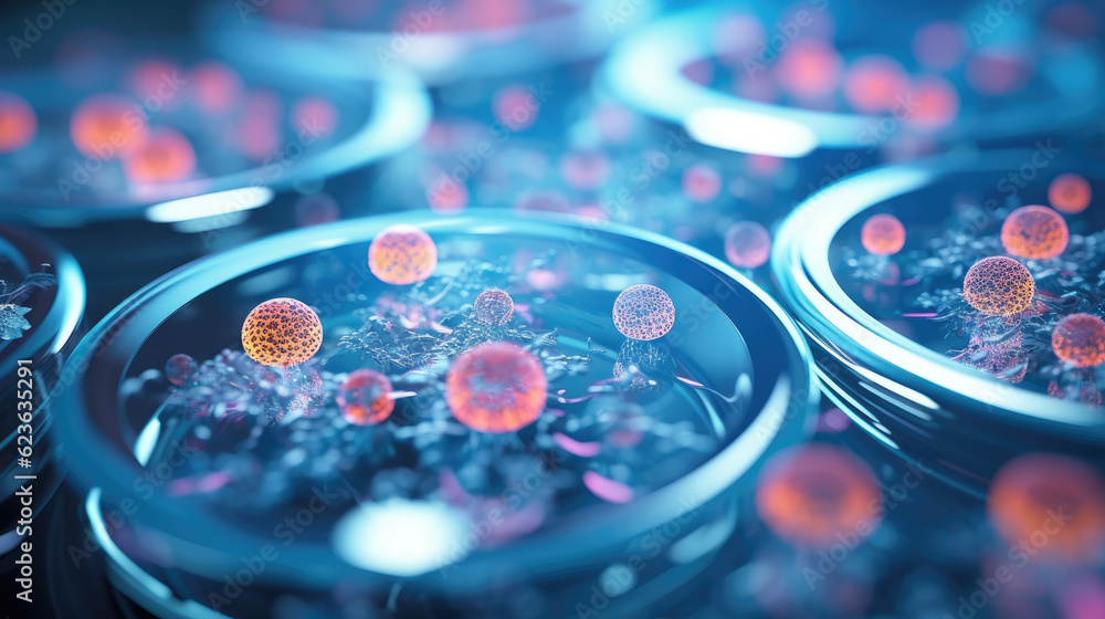 Petri dish with growing cultured cells under microscope signifying ...