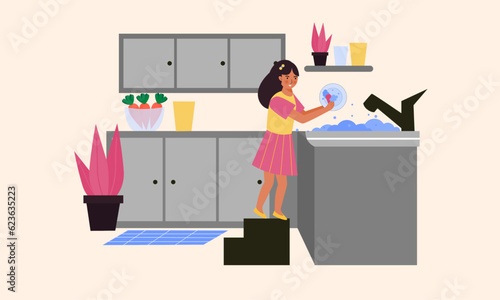 Daughter or little girl washing dishes in kitchen illustration. Young girl help mom to do dishes vector illustration.