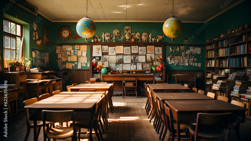 interior of a traditional style school classroom empty School classroom with desks chair wood greenboard Generative AI