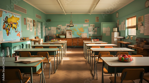 interior of a traditional style school classroom empty School classroom with desks chair wood greenboard Generative AI