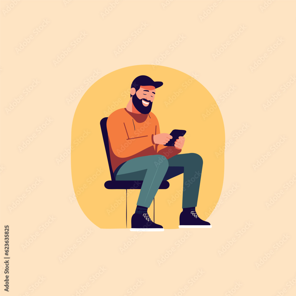 happy sitting man using cell phone