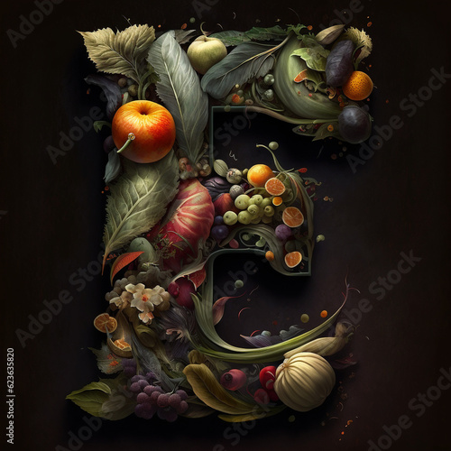 Capital letter E generated from fruit and vegetables. 3D render of a character vowel, logotype font with raw vegetable foods. Healthy wholefood vegetarian diet typography concept, alphabetical font AI