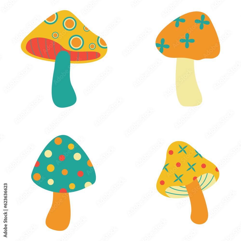 Trippy Mushroom Retro illustration print with groovy sticker poster. Vector illustration