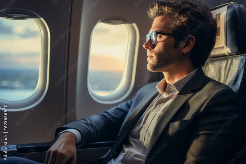 A man in an airplane at the porthole window. Background with selective focus A man in an airplane at the porthole window. Background with selective focus