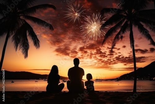 Fireworks on the sea coast with silhouettes of people. Background with selective focus and copy space © top images