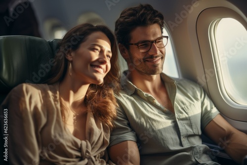 A man on a plane with a woman. Background with selective focus and copy space © top images