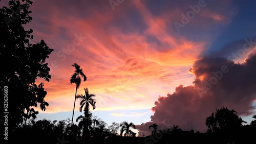 Create beauty of landscape saw mountains, betel palm coconut trees, with blue sky mix golden orange. the natural atmosphere evening is bright and charming in the countryside.