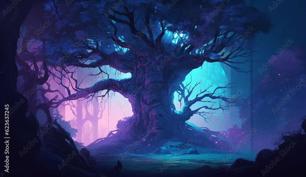 Landscape with a awesome magic oak in a misty dreamy spooky ambiance. Horizontal poster for descktop and digital displays. illustration fantasy background, AI huge mysterious tree of life Landscape with a awesome magic oak in a misty dreamy spooky ambiance. Horizontal poster for descktop and digital displays. illustration fantasy background, AI huge mysterious tree of life