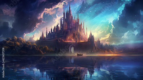 Panoramic fantasy vista with gothic intricate fairytale castle at sundown, palace among a lake, colourful fantastic wallpaper, background for display and screen. Ai generated epic digital illustration