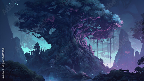 Landscape with a awesome magic gnarled oak in a misty nocturnal setting. Horizontal poster for descktop and digital displays. illustration fantasy background  AI huge mysterious tree of life