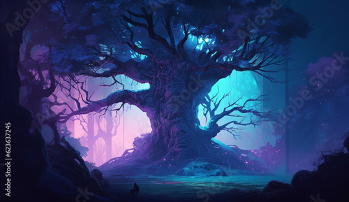 Landscape with a awesome magic oak in a misty dreamy spooky ambiance. Horizontal poster for descktop and digital displays. illustration fantasy background, AI huge mysterious tree of life