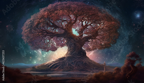 Landscape with giant oak and and starry night sky, cosmos nebula. Horizontal wallpaper for cover, descktop and digital displays. 3d rendering fantasy background, AI intricately knotted huge tree photo
