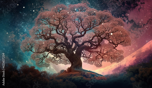 Landscape with giant oak and and starry night sky, cosmos nebula. Horizontal wallpaper for cover, descktop and digital displays. 3d rendering fantasy background, AI intricately knotted huge tree