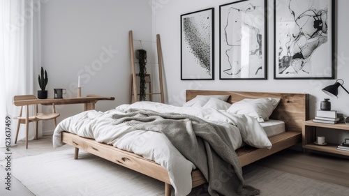 Bedroom decor, home interior design . Scandinavian Minimalist style with Statement Artwork decorated with Wood and Metal material . Generative AI AIG26. photo