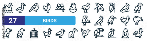 set of 27 outline web birds icons such as swan, goose, bullfinch, swallow, skylark, hawk, hummingbird, peacock vector thin line icons for web design, mobile app.