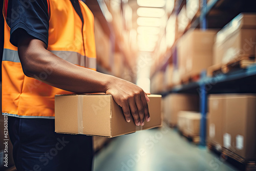 Worker holding cardboard box at warehouse, Generative AI © Aleksandr Bryliaev