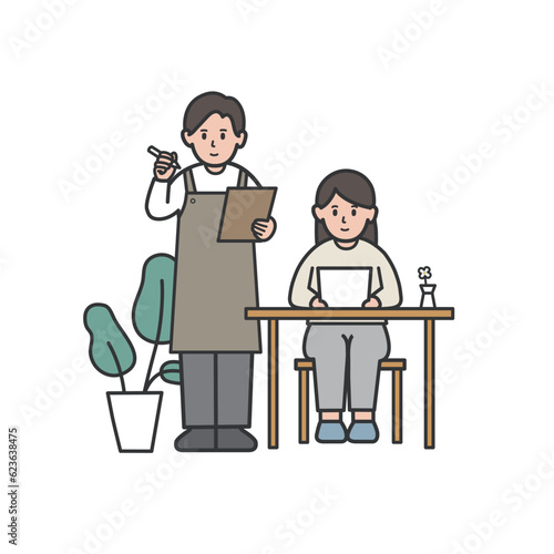 注文を聞くカフェの男性店員のイラスト