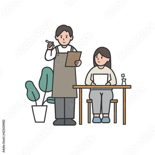 カフェで注文する女性のイラスト