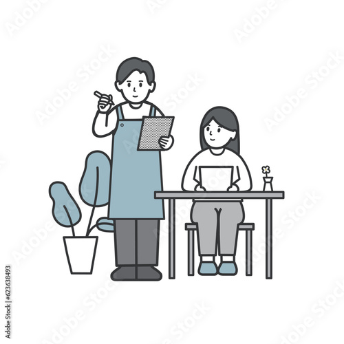 カフェで注文する女性のイラスト