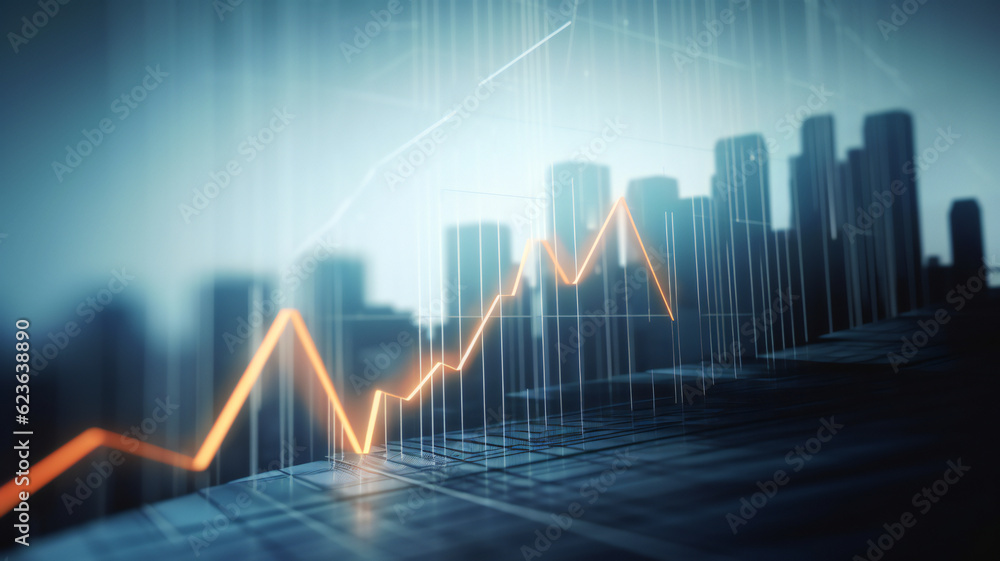 Abstract cityscape featuring soaring skyscrapers intertwining with an upward trending graph Abstract cityscape featuring soaring skyscrapers intertwining with an upward trending graph