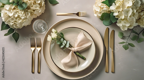 Festive wedding, birthday table setting with golden cutlery, silk ribbon, eucalyptus branches, hydrangea and white roses flowers. Blank card mockup. Restaurant menu concept. Flat lay, top view