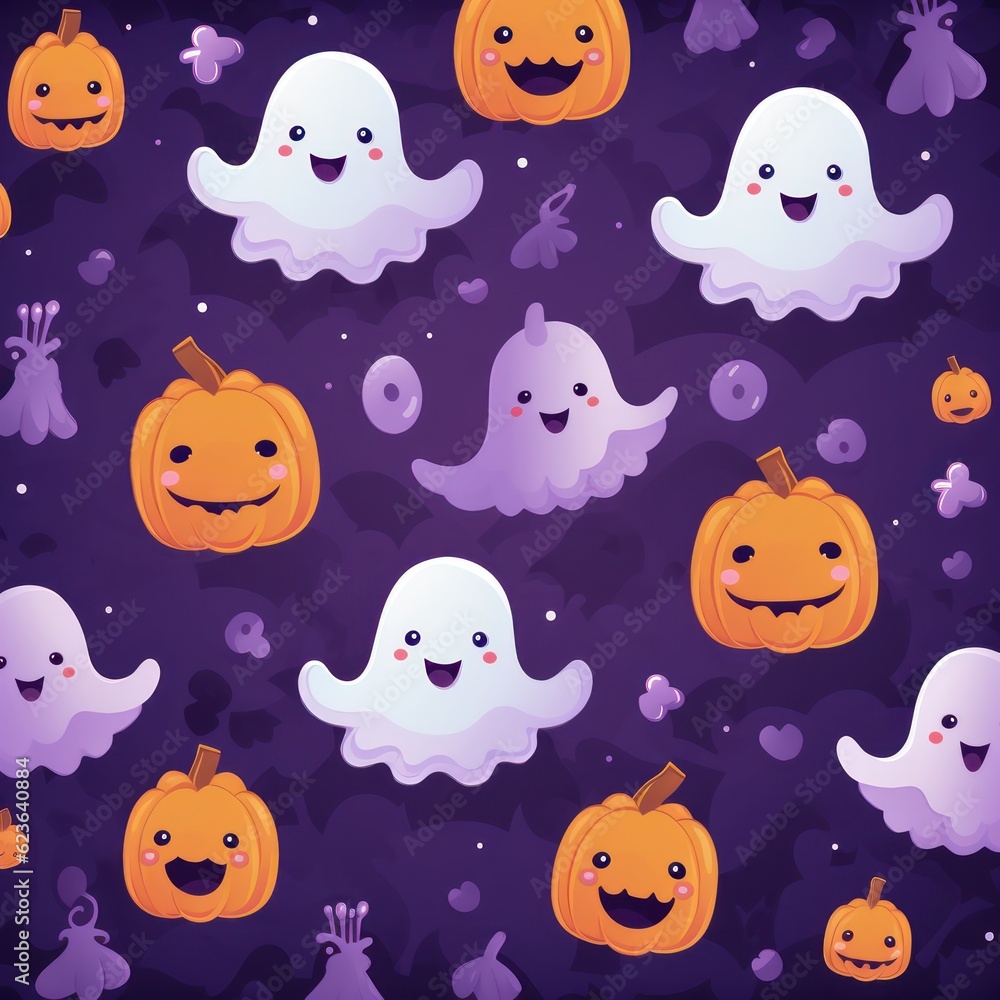Fototapeta premium Halloween seamless pattern design with ghost, pumpkin. Flat cartoon illustration. Generative Ai.