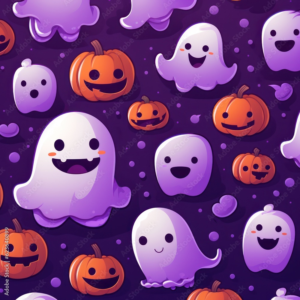 Halloween seamless pattern design with ghost, pumpkin. Flat cartoon illustration. Generative Ai. Halloween seamless pattern design with ghost, pumpkin. Flat cartoon illustration. Generative Ai.