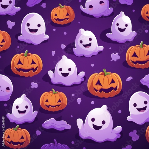 Halloween seamless pattern design with ghost, pumpkin. Flat cartoon illustration. Generative Ai. 