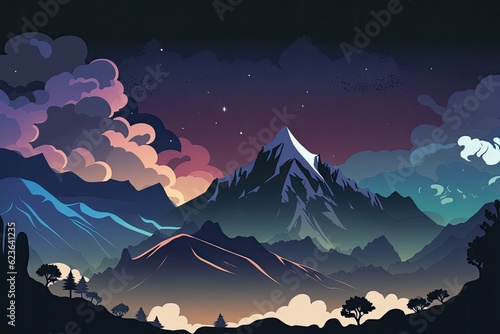 serene night landscape with towering mountains and drifting clouds. Generative AI © 2rogan