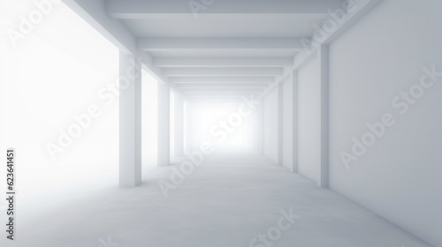 White corridor interior in fog for mocap. AI generation 