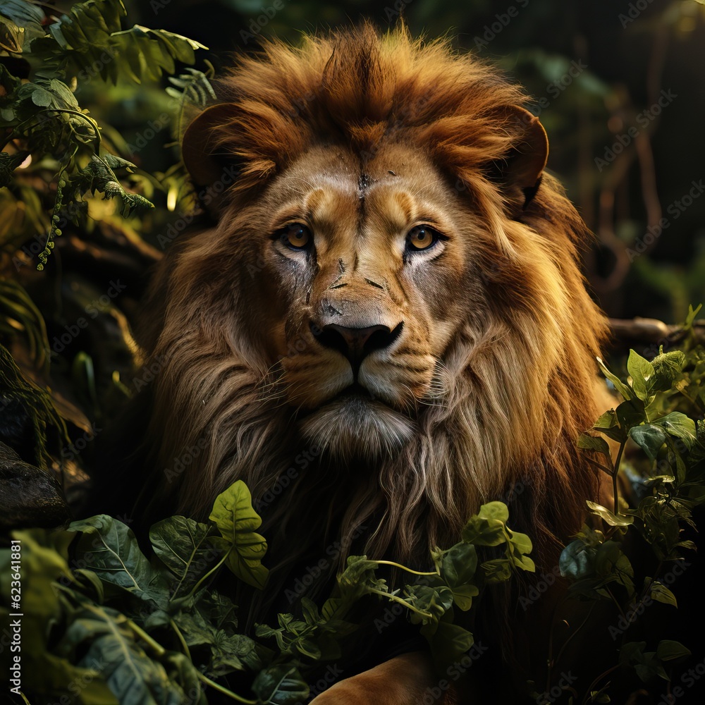 Naklejka premium Portrait of a magnificent lion, generative ai