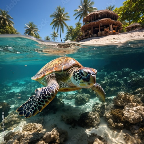 sea turtle in a tropical landscape, generative ai