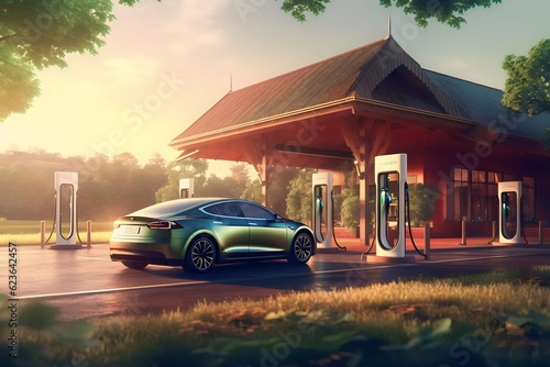 electric cars charging at a station equipped with solar panels, located in a lush green countryside