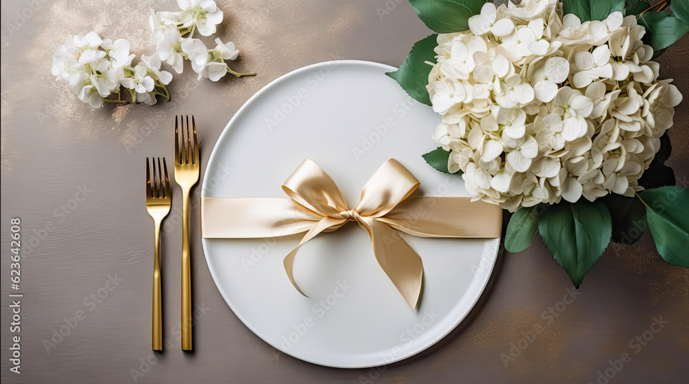 Festive wedding, birthday table setting with golden cutlery, silk ribbon, eucalyptus branches, hydrangea and white roses flowers. Blank card mockup. Restaurant menu concept. Flat lay, top view Festive wedding, birthday table setting with golden cutlery, silk ribbon, eucalyptus branches, hydrangea and white roses flowers. Blank card mockup. Restaurant menu concept. Flat lay, top view