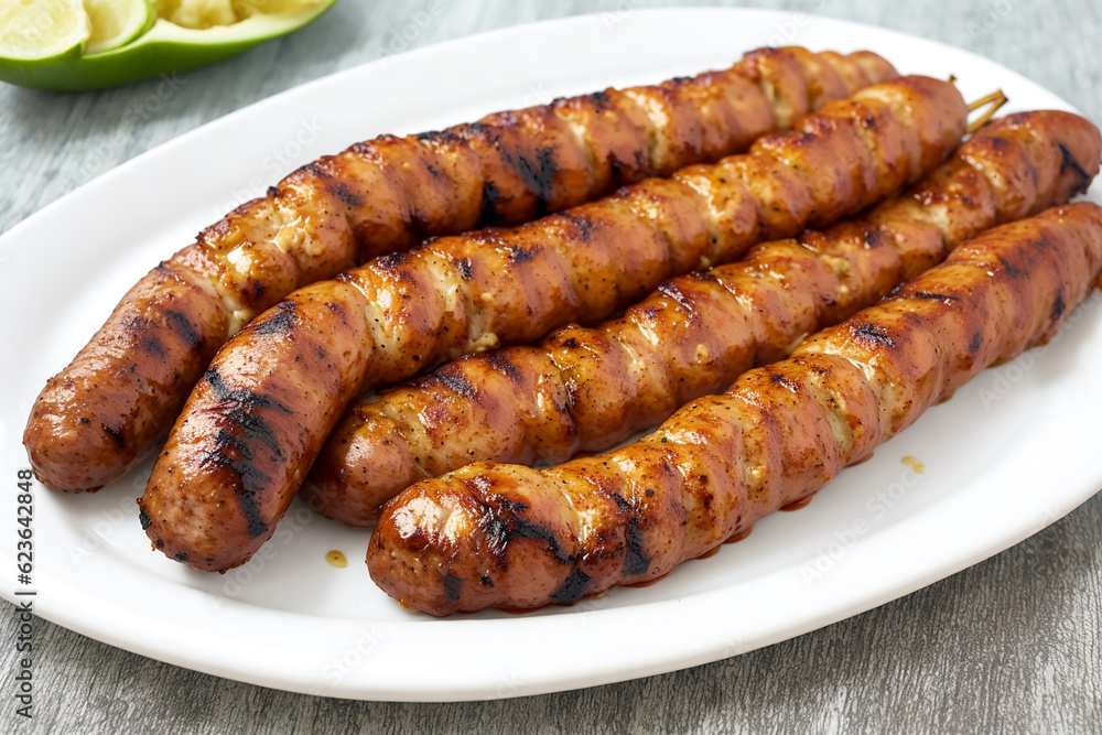 Sheftalia grilled cypriot sausages on a ceramic plate Sheftalia grilled cypriot sausages on a ceramic plate