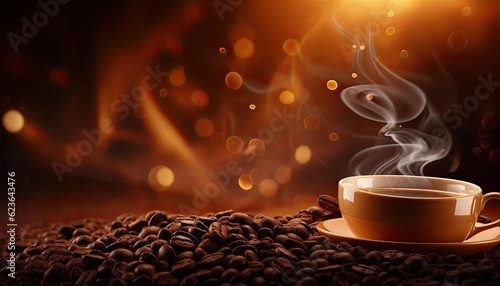 Coffee cup and roasted coffee beans with bokeh background