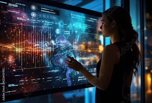 Side view of young businesswoman touching virtual panel with graphs and diagrams