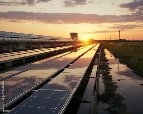 solar energy panels on the roof of a power plant at sunset © Meow Creations