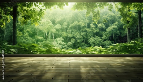 Wooden terrace with forest view and sunlight. 3d rendering