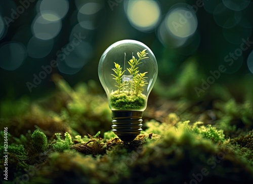 Ecology concept. Light bulb with green plant inside on moss background