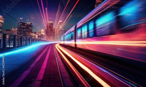 Train moving in the city at night. Concept of speed and motion.