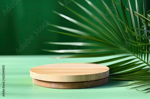 Wooden podium on green background with palm leaves. 3d render © Meow Creations