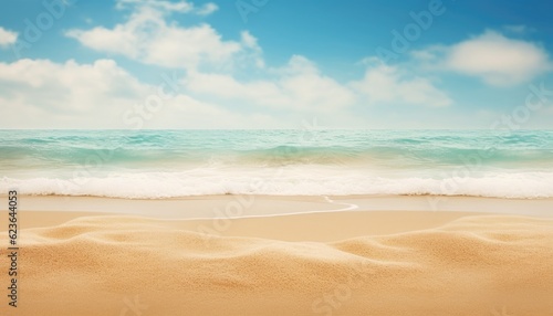 Beautiful tropical beach with sand and wave on blue sky background.