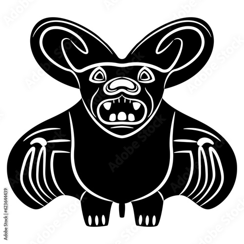 Stylized bat. Ancient Peruvian Mochica art. Native American ethnic animal design of Moche Indians. Black and white negative silhouette.