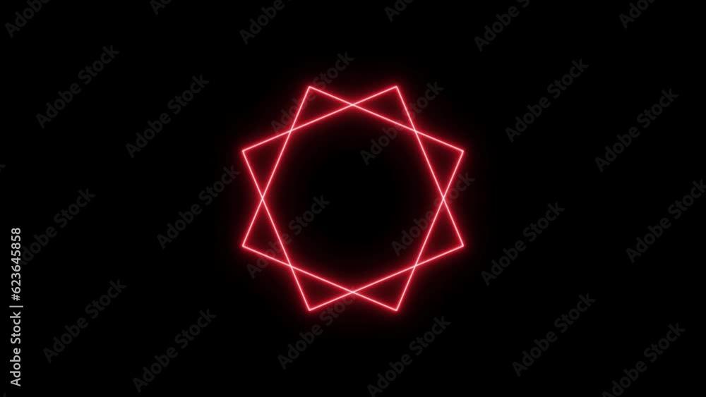 Abstract red neon light line in a square path rotation. Black ...