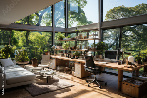 Relaxing modern home office environment, photorealistic,ai generative