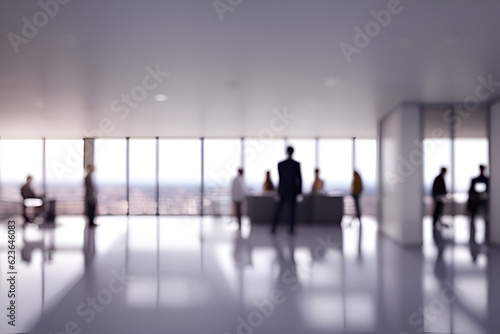 Blurred people silhouettes in office with big windows