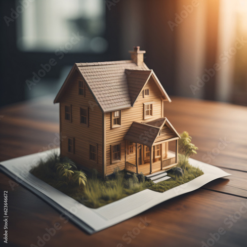 Concept of home loan and buying own property. Close up of miniature house