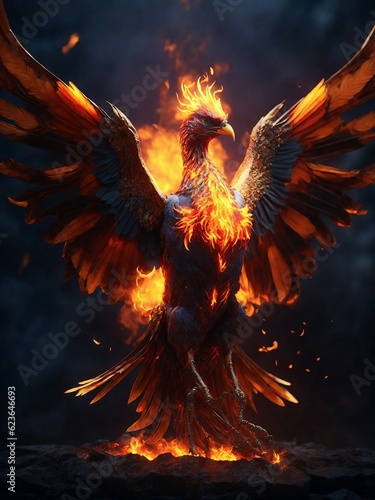 Illustration of a phoenix in fire. Symbol of rebirth. Fenix with burning wings and feathers